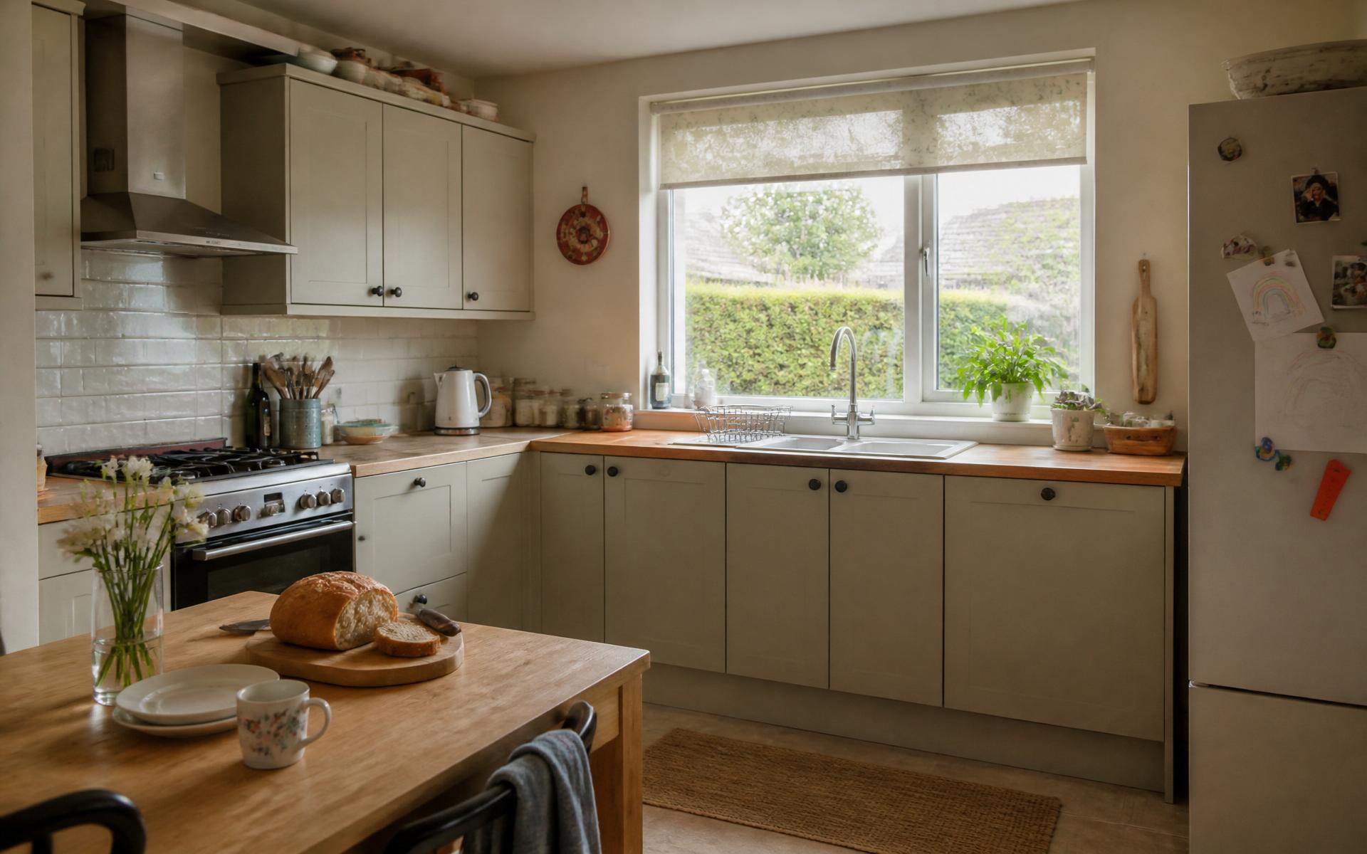 A warm, cream family kitchen with shaker cabinets and natural light